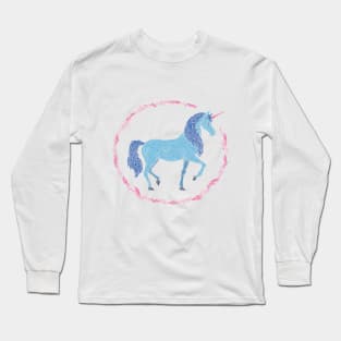 Blue unicorn in a pink floral wreath Long Sleeve T-Shirt